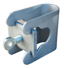 Scaffold band and plate with eye bolt, connects two 50mm x 50mm scaffold tubes together at a 90° angle.